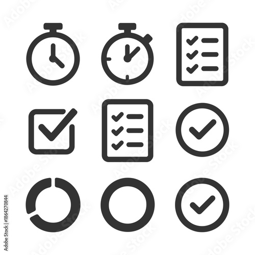 Timer and checklist icons collection: clocks, lists, and checkmarks.
