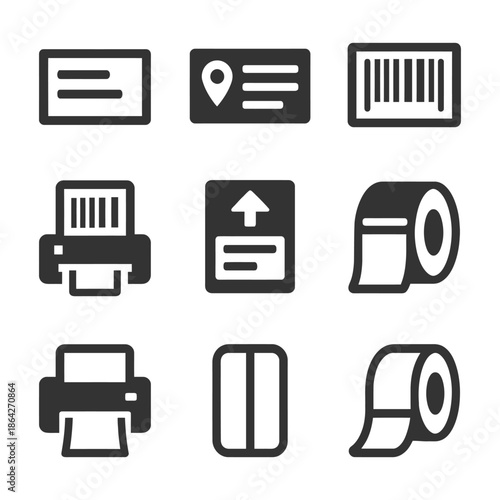 Set of nine black icons related to barcode, printers, and labels.