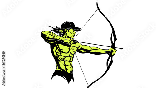 Muscular man aiming bow and arrow with focused expression