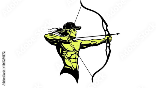 Muscular man aiming bow and arrow with determination and focus