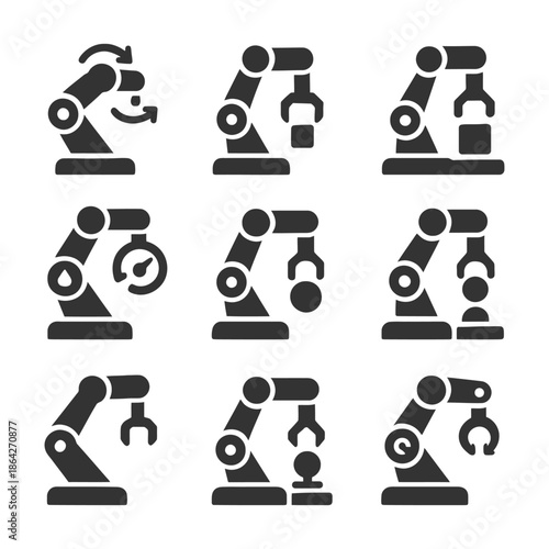 Industrial robotic arms performing various tasks icons set.