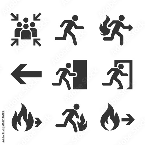 Emergency exit and evacuation symbols for fire safety and escape routes.