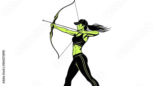 Focused female archer aiming with precision and determination