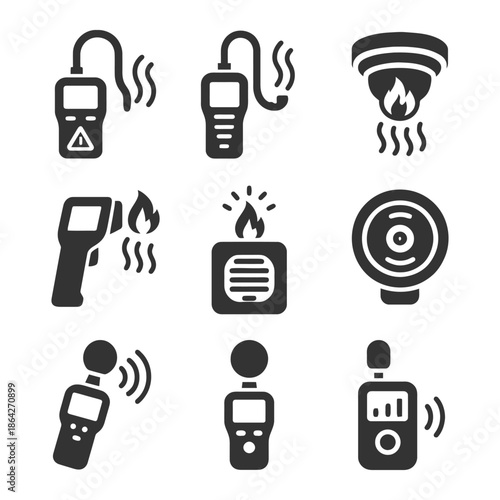 Collection of fire and smoke detection equipment icons.