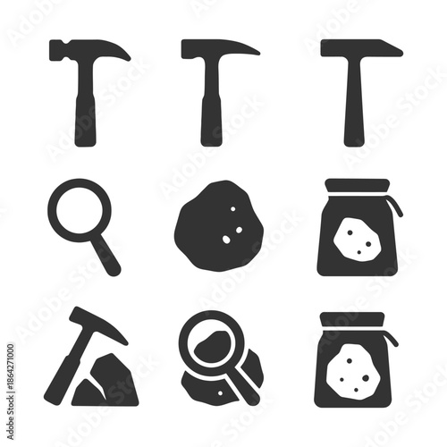 Mining tools and materials icon set featuring hammers, magnifying glass, and rocks.