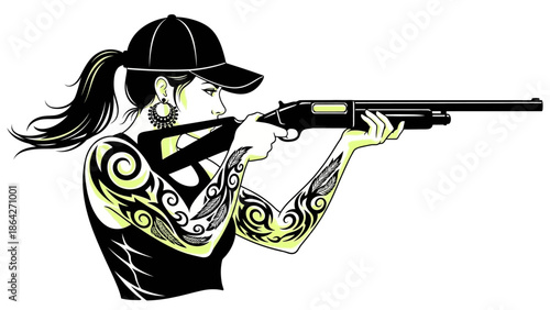 Tattooed woman aiming shotgun with confident stance