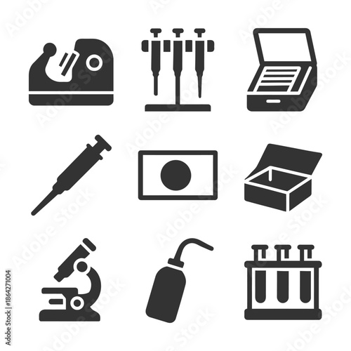 Laboratory equipment icons: microscope, syringe, test tubes, pipettes, box, scanner.