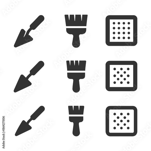 Construction tools icons: trowels, paintbrushes, graters in simple black design.