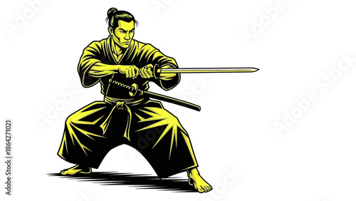 Samurai warrior poised with sword in traditional stance