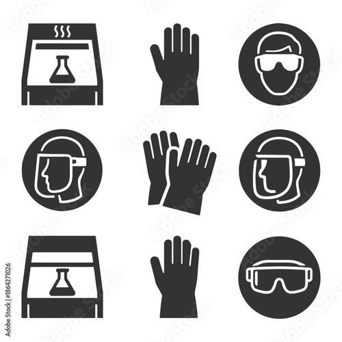 Safety equipment icons: gloves, goggles, lab safety symbols.