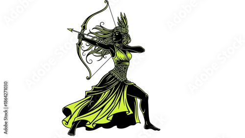 Mythical archer woman in elegant dress aiming bow and arrow