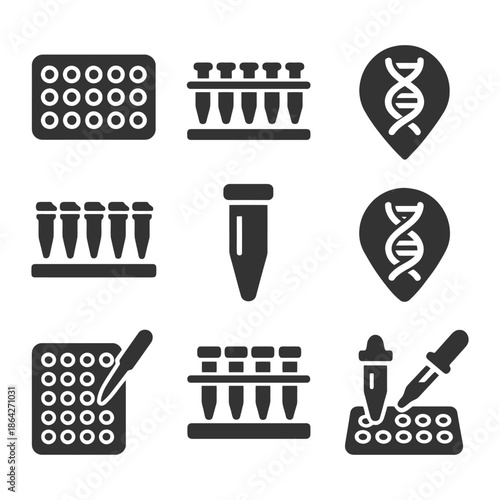 Biotech and laboratory tools: test tubes, pipettes, dna symbols for scientific research.