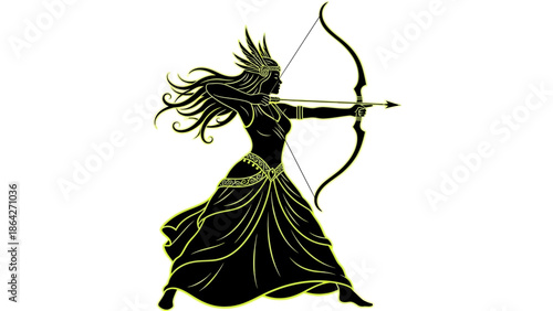 Mythical archer woman in elegant dress aiming bow and arrow