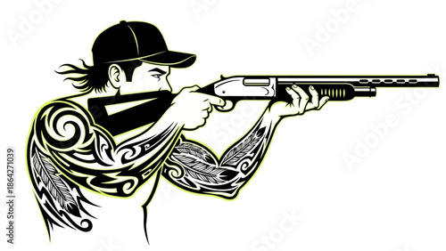 Man aiming shotgun with tribal tattoos on arms