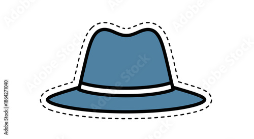 Blue fedora hat with white band on transparent background  