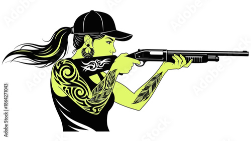 Tattooed woman aiming shotgun with confident stance