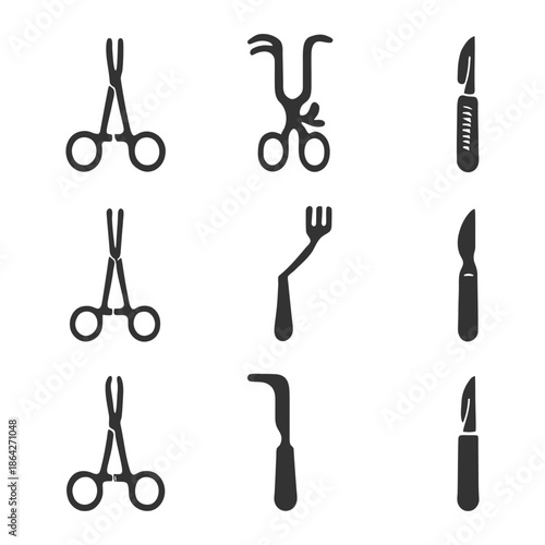 Medical surgical instruments icons set featuring scissors scalpel and clamp designs.