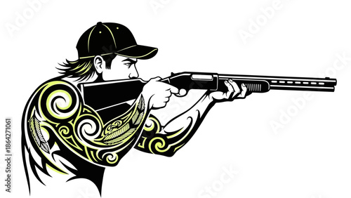 Man aiming shotgun with tribal tattoo on arm in black and yellow