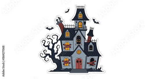 Spooky haunted house with bats and eerie tree at night  