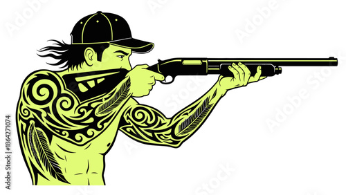 Tattooed man aiming shotgun with intense focus and strength