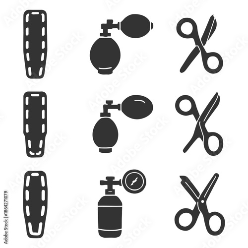 Black and white medical tools and scissors icons set.