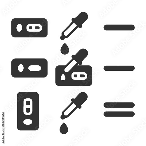 Rapid test kit diagram with dropper and result indicators.