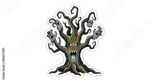Scary tree with twisted branches and ghostly faces in dark style  