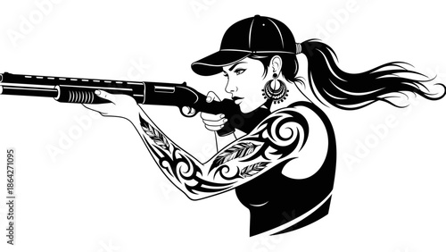 Tattooed woman aiming shotgun with focused expression