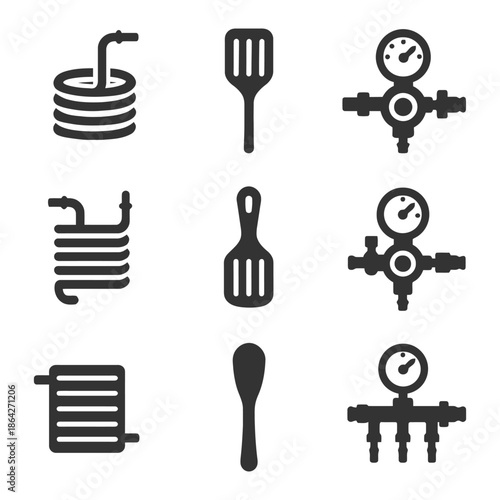 Plumbing and kitchen toolkit icons: coils, spatulas, gauges.