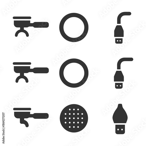 Set of coffee machine portafilters, baskets, and spout icons in black.