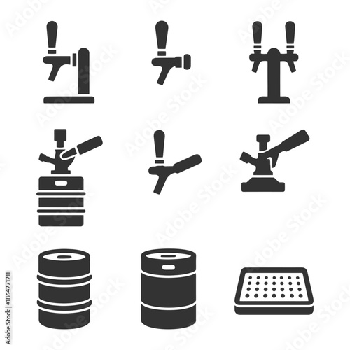 Beer equipment icons: taps, kegs, and bar tools in black silhouette set.