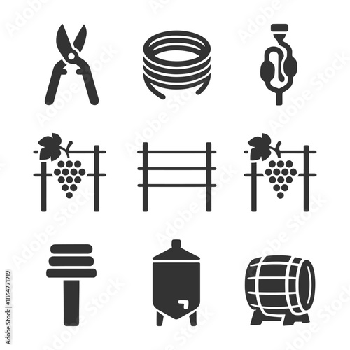 Winemaking tools and equipment icons: pruning shears, vines, barrel, vertical press, tank.