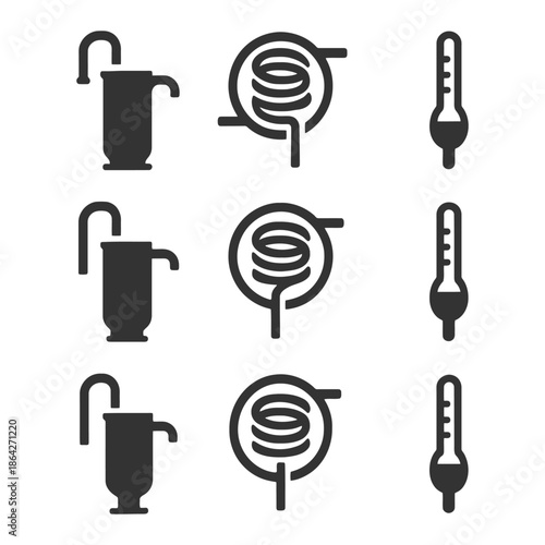 Minimalist icons of water filter systems and thermometers.