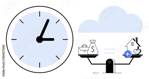 Financial balance. Financial decisions illustrated with time, money, and assets on a scale. Financial planning promotes effective wealth distribution. For savings, investments, life balance, strategy