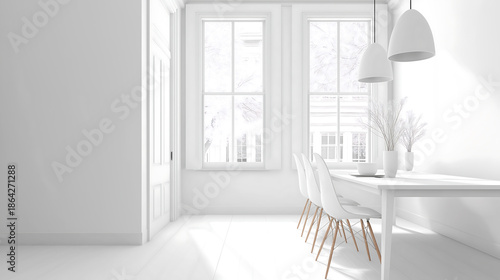 A modern and minimalist dining room with a white table and chairs in a bright and airy space , color of the year 2026, cloud dancer