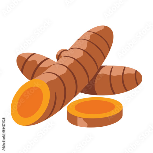 flat color vector illustration of turmeric rhizome with segments, symbolizing natural spice and root vegetables