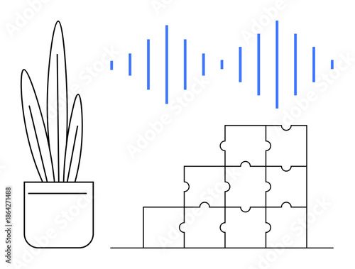 Business growth concept. A plant, puzzle blocks, and soundwaves business synergy and strategic development. Business growth promotes innovation, structure, and efficiency. Perfect for corporate