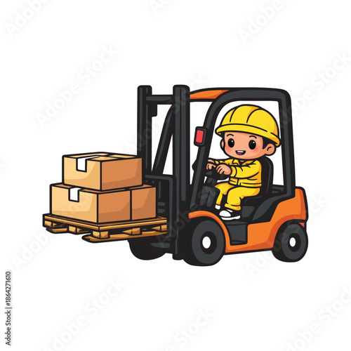 Cute Forklift Operator Working in Warehouse Logistics Vector Illustration