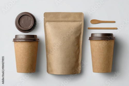 Kraft paper coffee cups and pouch with wooden stirrers and lid on white background