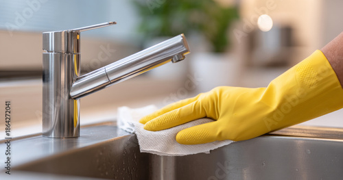 Close-up of hand wearing yellow rubber glove cleaning stainless steel kitchen sink and faucet with white cloth in bright modern kitchen