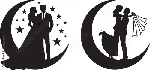 Wedding Couple Moon Stars Silhouettes