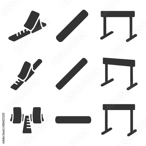 Gym equipment icons set: weightlifting, treadmill, dumbbells, pilates rollers.
