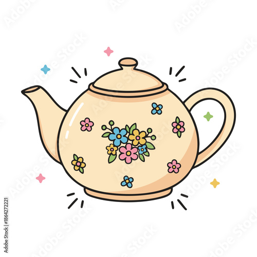 Cute Floral Teapot Flat Illustration