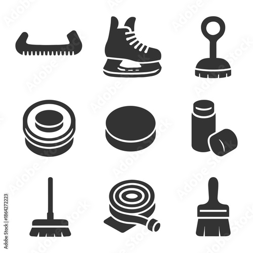 Essential ice hockey equipment icons set: skates, puck, stick, and more.