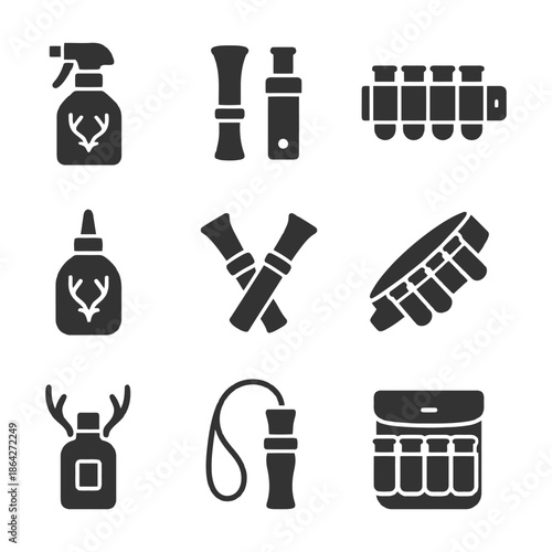 Hunting gear icons set with deer calls and ammo holders in black and white.