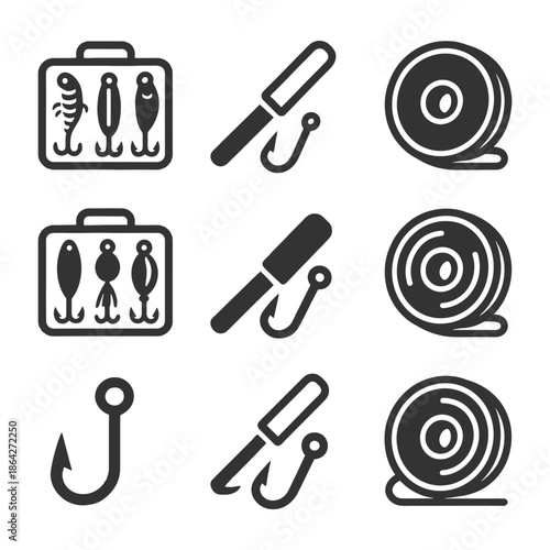 Fishing gear icons: hooks, lures, reels, knives in black and white design.