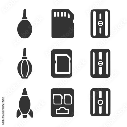 Photography icons: rocket, memory cards, air blowers, and film rolls.