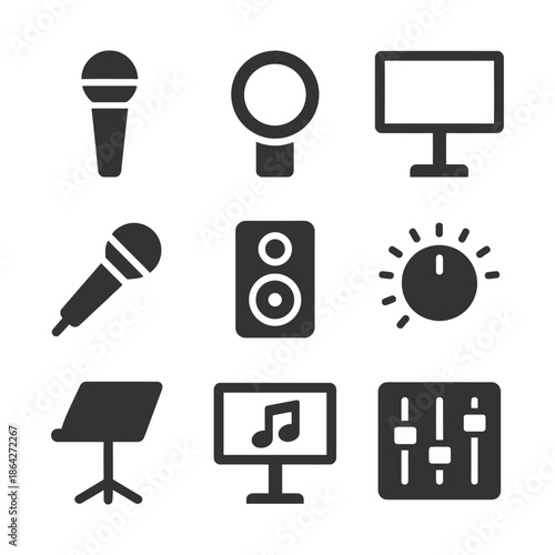 Audio equipment icons: microphones, speakers, monitors, mixing controls.