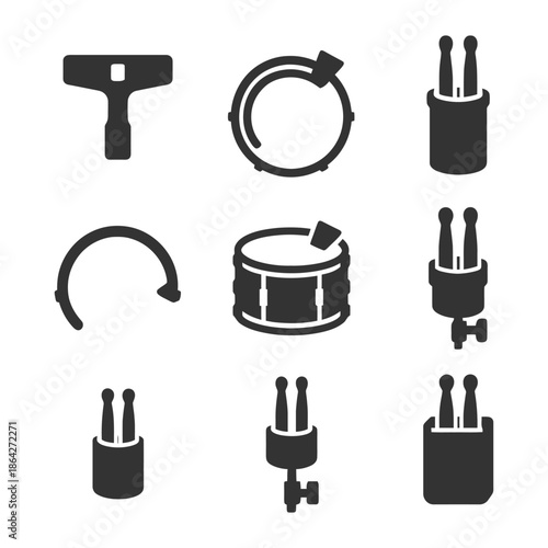 Black and white drum and percussion icons set.