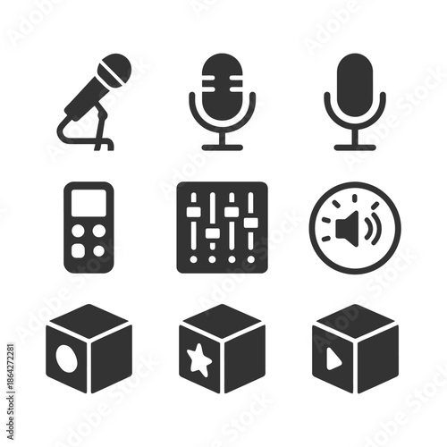 Microphone and audio equipment icons set: mixers and symbols.